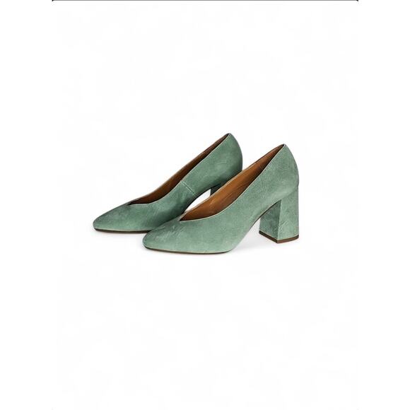 NIB Sezane Alice High Heels Suede Block Heel Pump Green EU 37 /US 6 - Picture 5 of 11